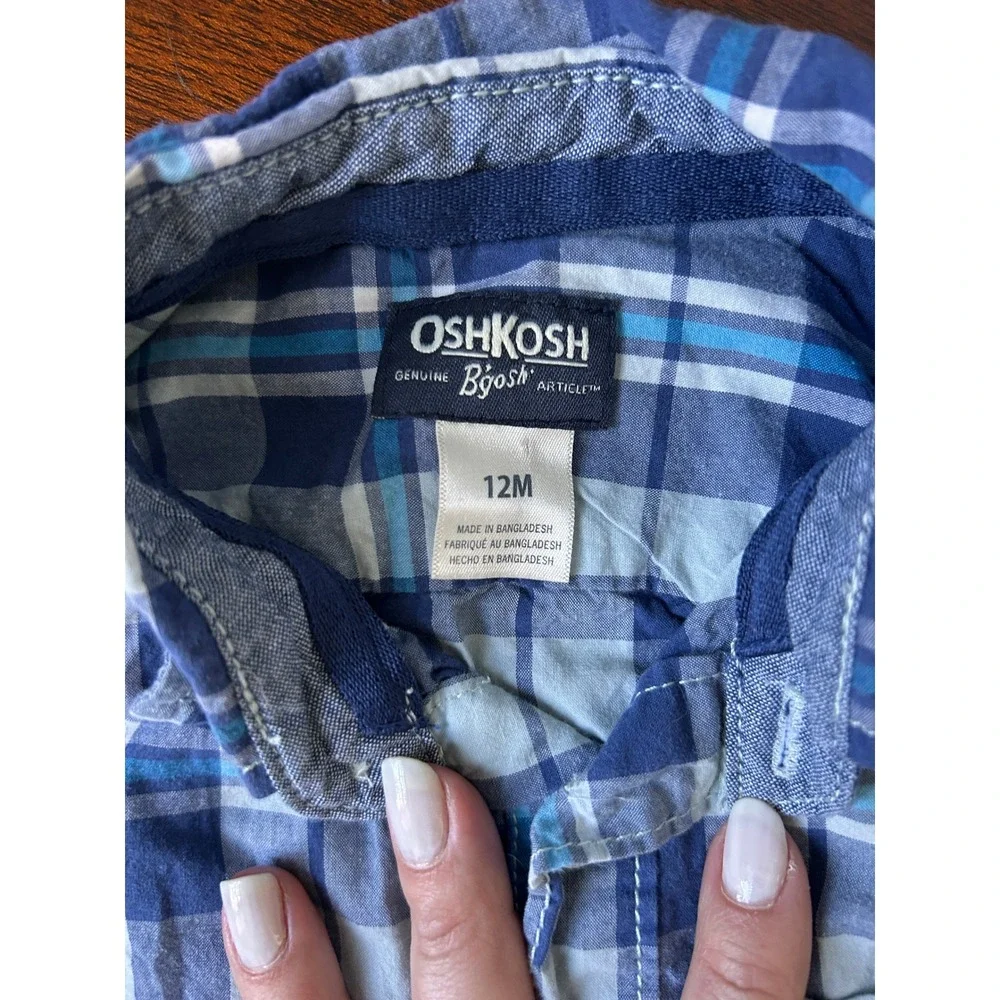 OshKosh Bgosh Baby Boys Blue Plaid Long Sleeve Button Down Bodysuit 12M